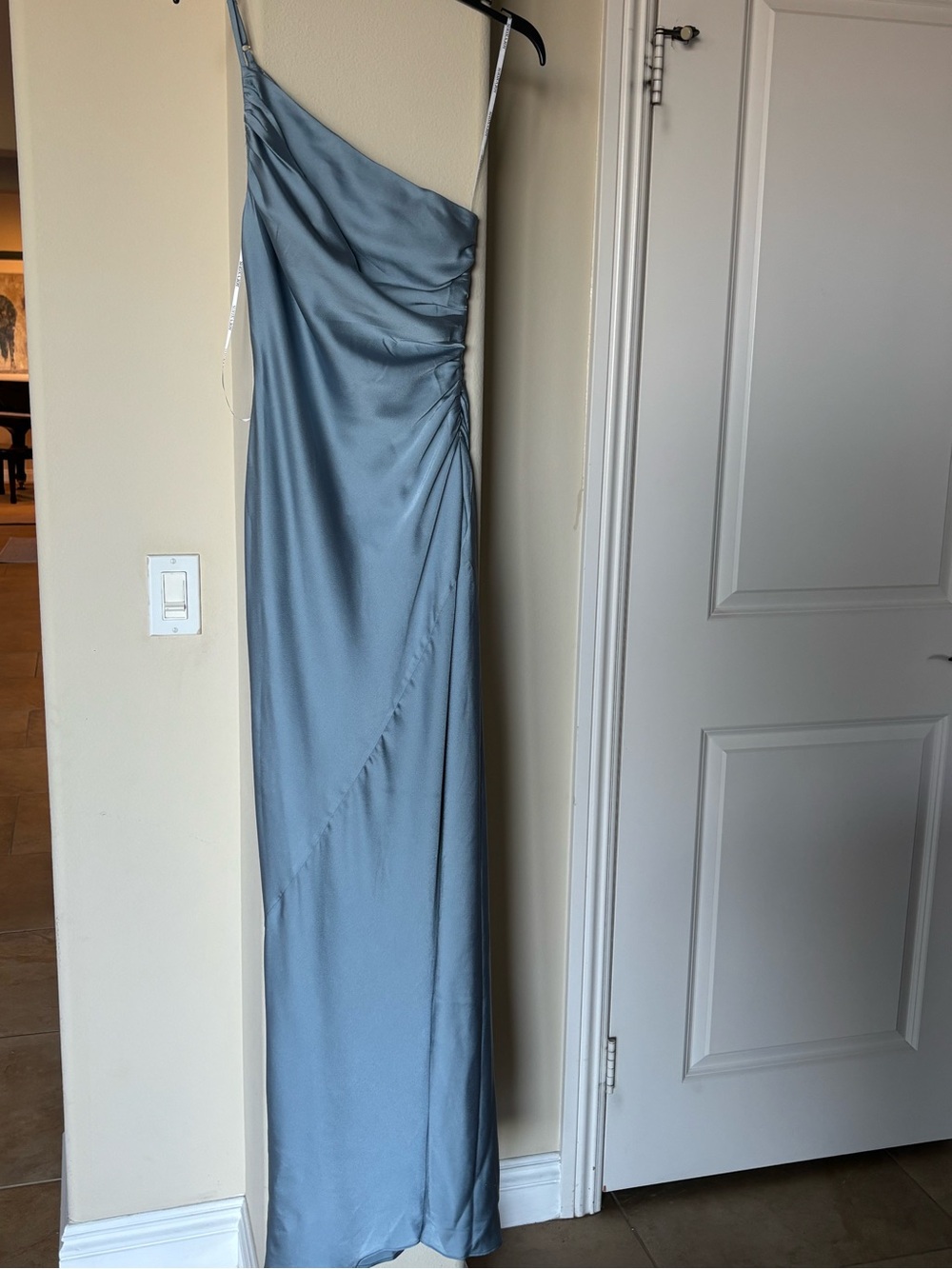Shona Joy One-Shoulder Satin Gown in Dusty Blue